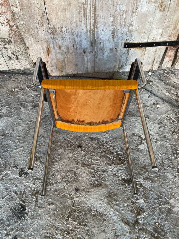 Paire Fauteuil Ancien Métal Chromé + Tissu Orange + Bois 1970 Vintage