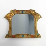 Art Nouveau Mirror in Brass and Glass Inlay, Signed A.H. Villaket, France