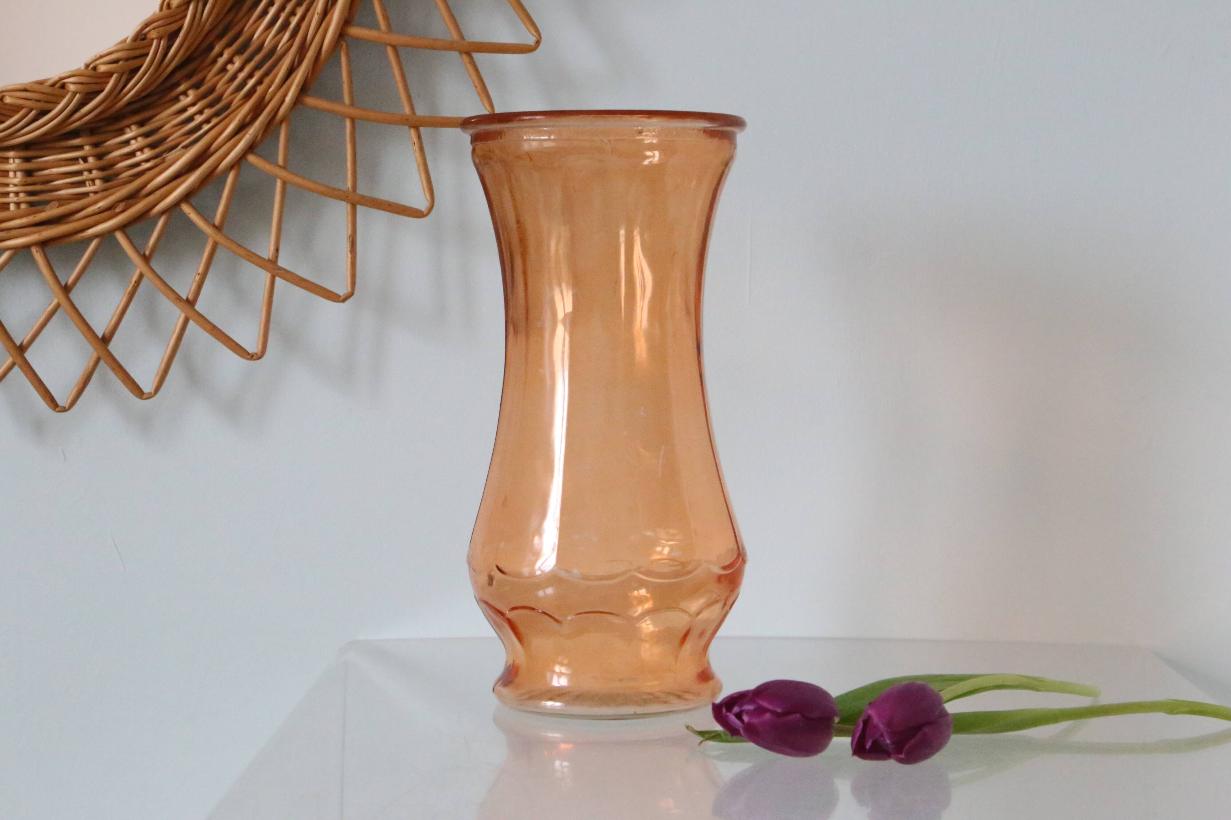 Large glass vase, apricot, French vintage, authentic