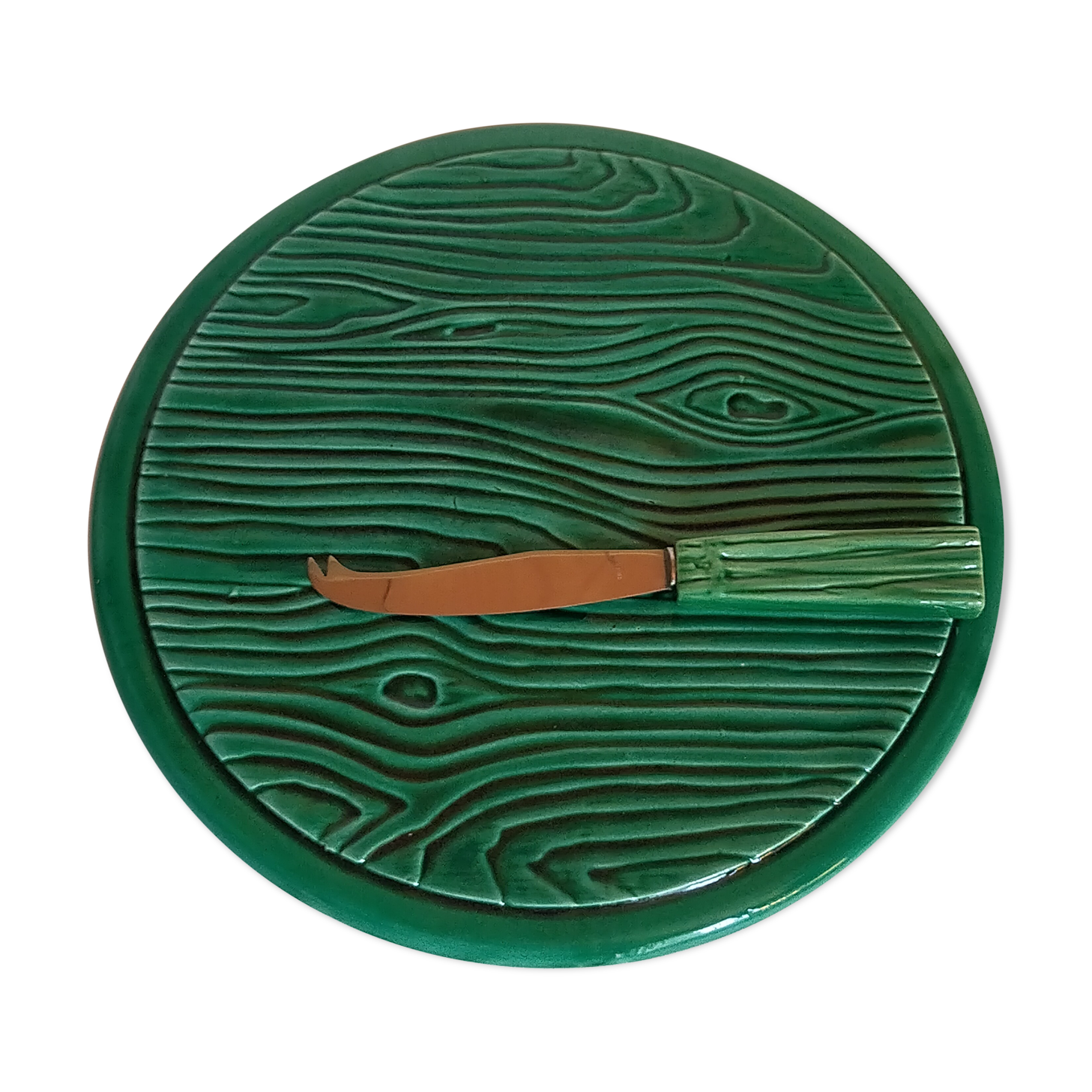 Cheese platter in antique faux-bois slurry, and its matching knife