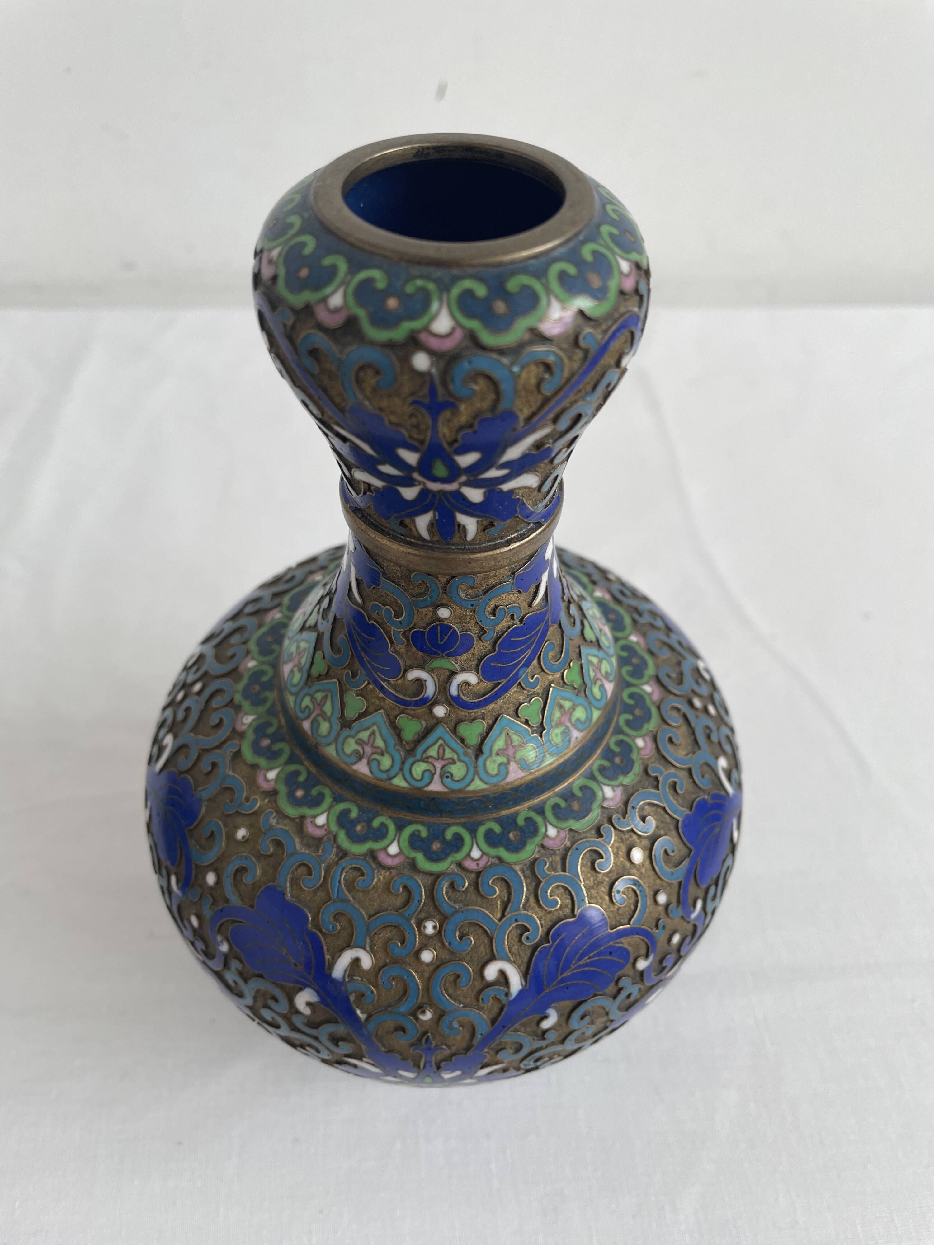 Vintage, pair of vases, Chinese, cloisonné metal, enameled, polychrome floral decor, golden hoop