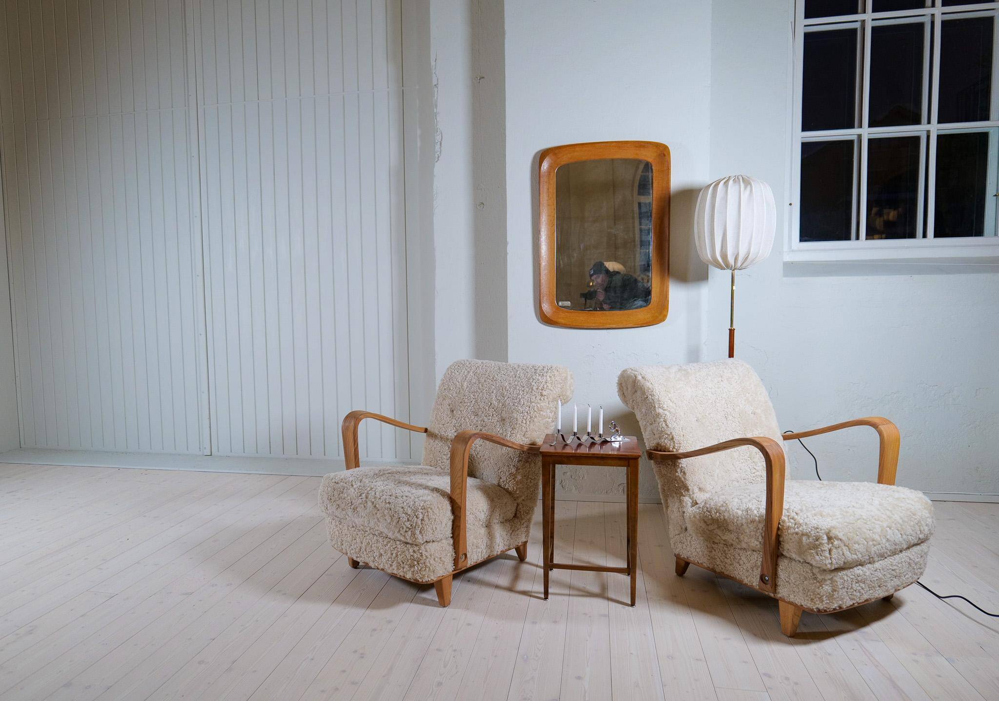 Mid-century modern sculptural wall mirror, oak, crystal glass, Glas & Trä, 1960s