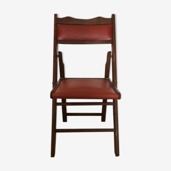 Chaise pliante bois et Skaï orange/ marron vintage
