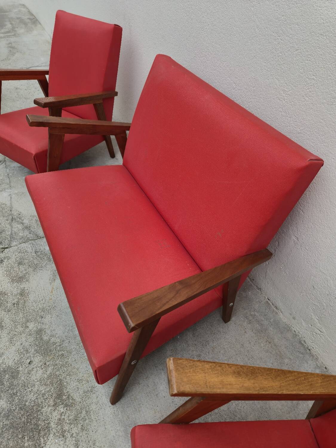 Vintage 1950s children's sofa and two armchairs with compass feet