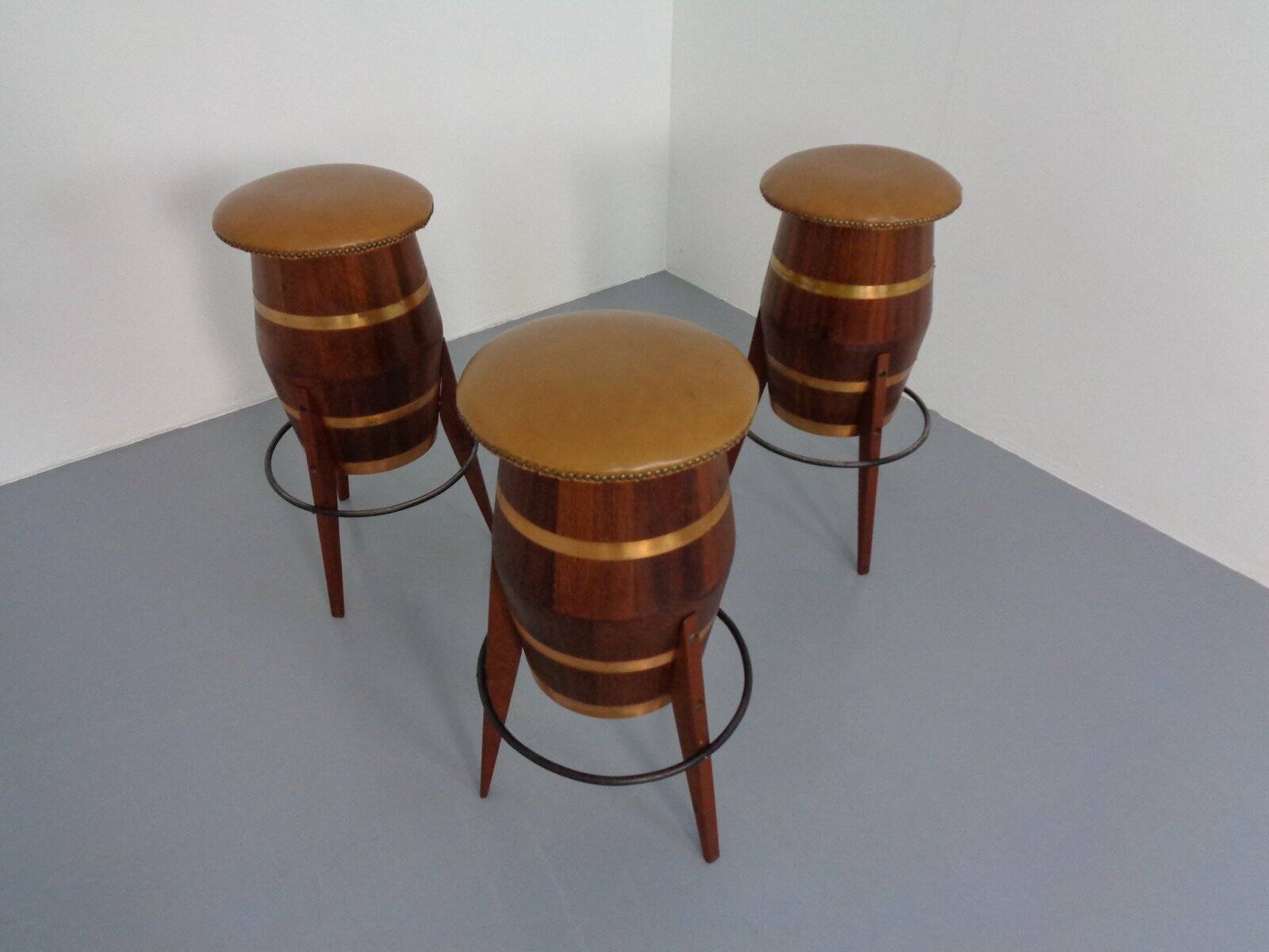 Mid-Century Teak & Copper Bar Stools, 1960s, Set of 3