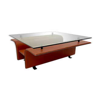 Mid century modern leather & glass coffee table