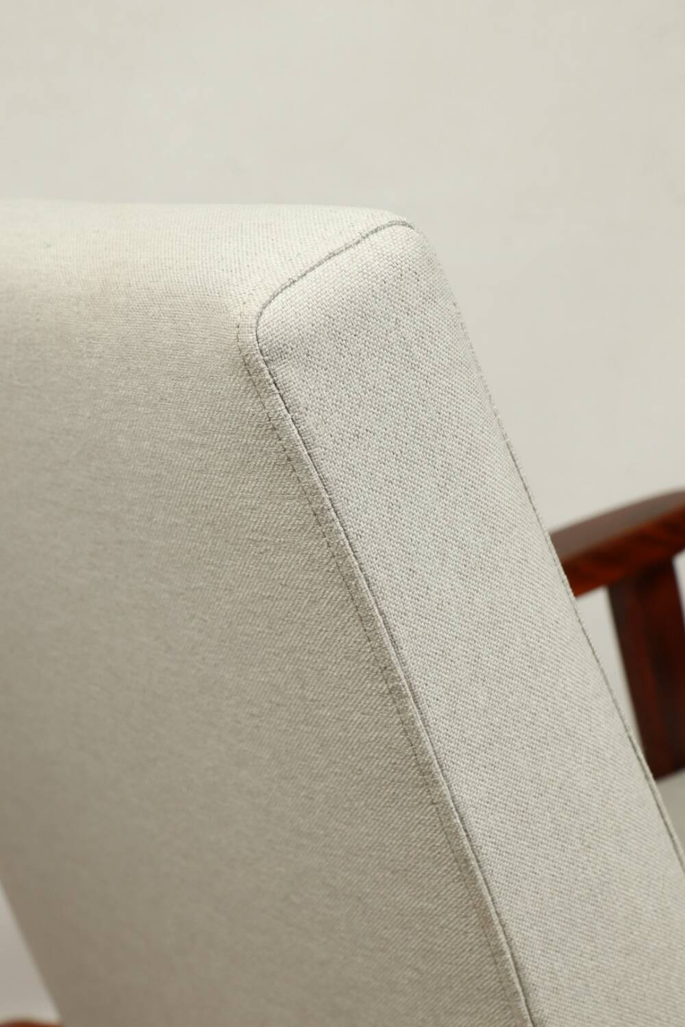 Vintage light gray armchair dark wood Scandinavian design 1970