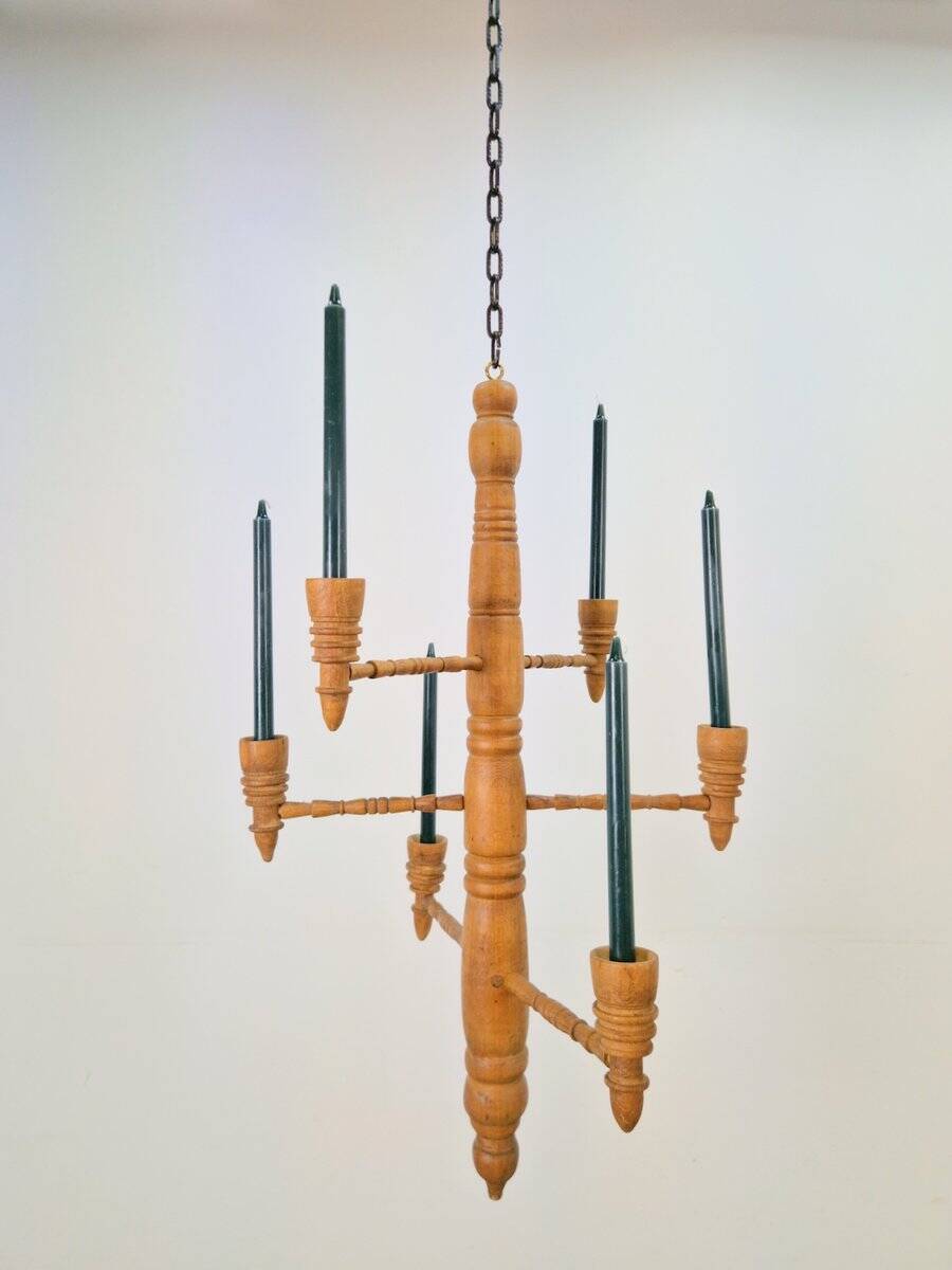 Brutalist Twisted Spool Candle Chandelier in Wood, 1960s