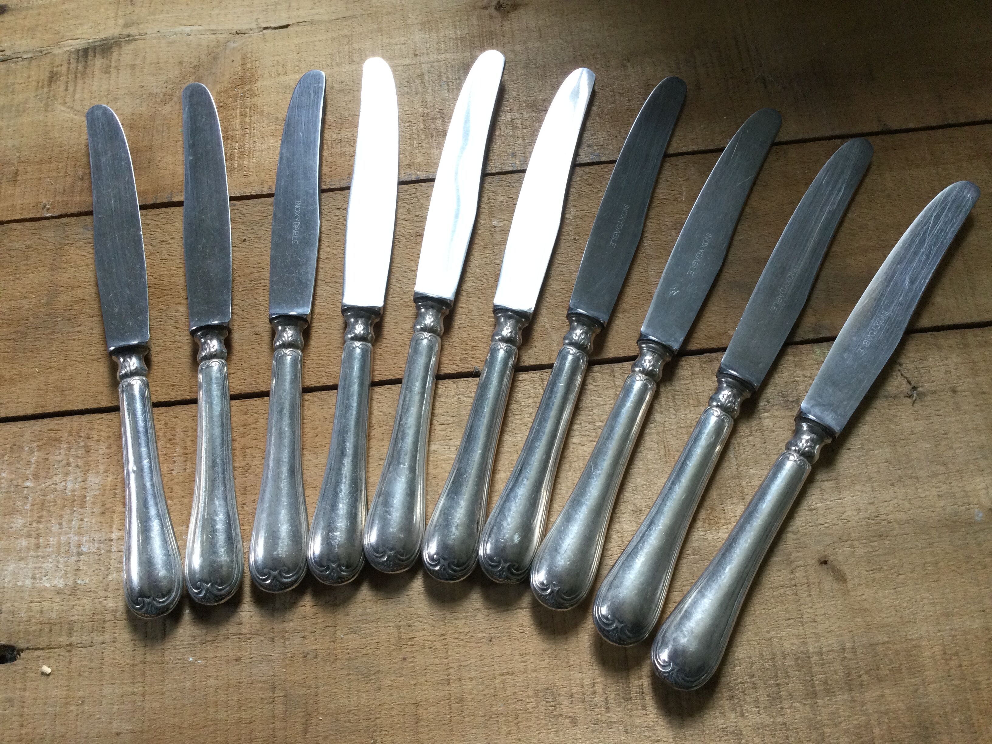 Set of 10 antique silver metal knives