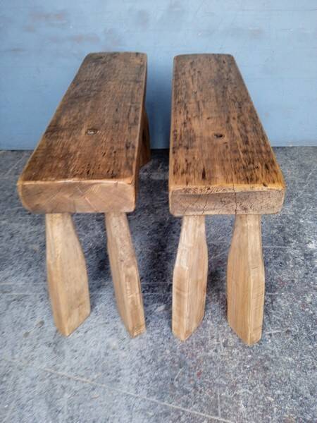 Pair of 2 patinated solid wood benches / stools