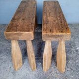 Pair of 2 patinated solid wood benches / stools