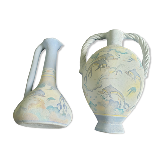 Set of 2 crest pottery vases stamped with dolphin motif