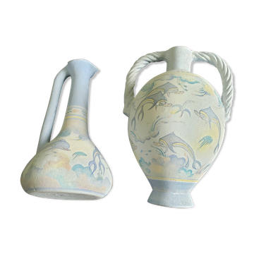 Set of 2 crest pottery vases stamped with dolphin motif