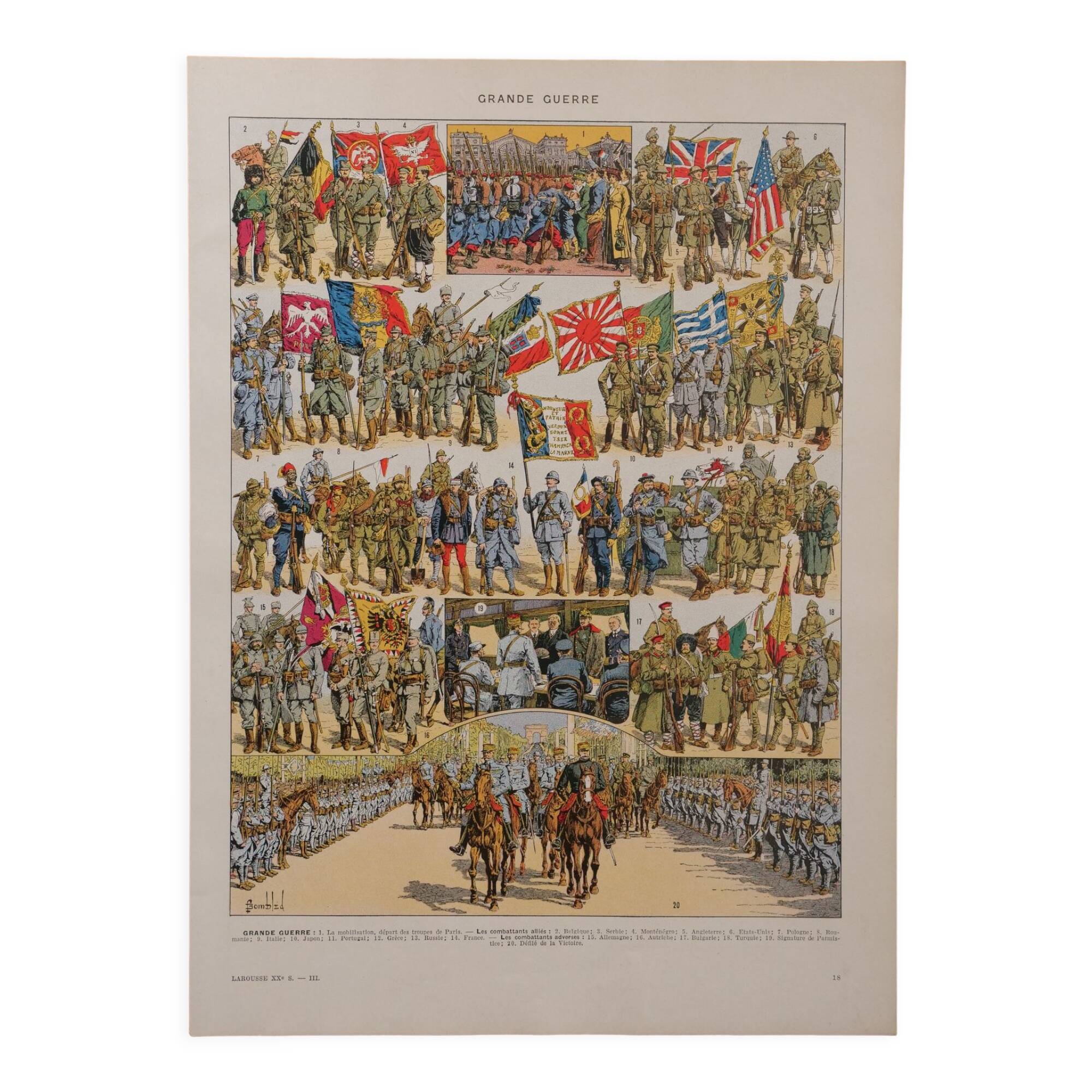 Original lithograph on the first world war (troops + map)