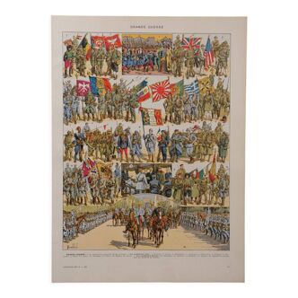 Lithographie originale sur la première guerre mondiale (troupes + carte)