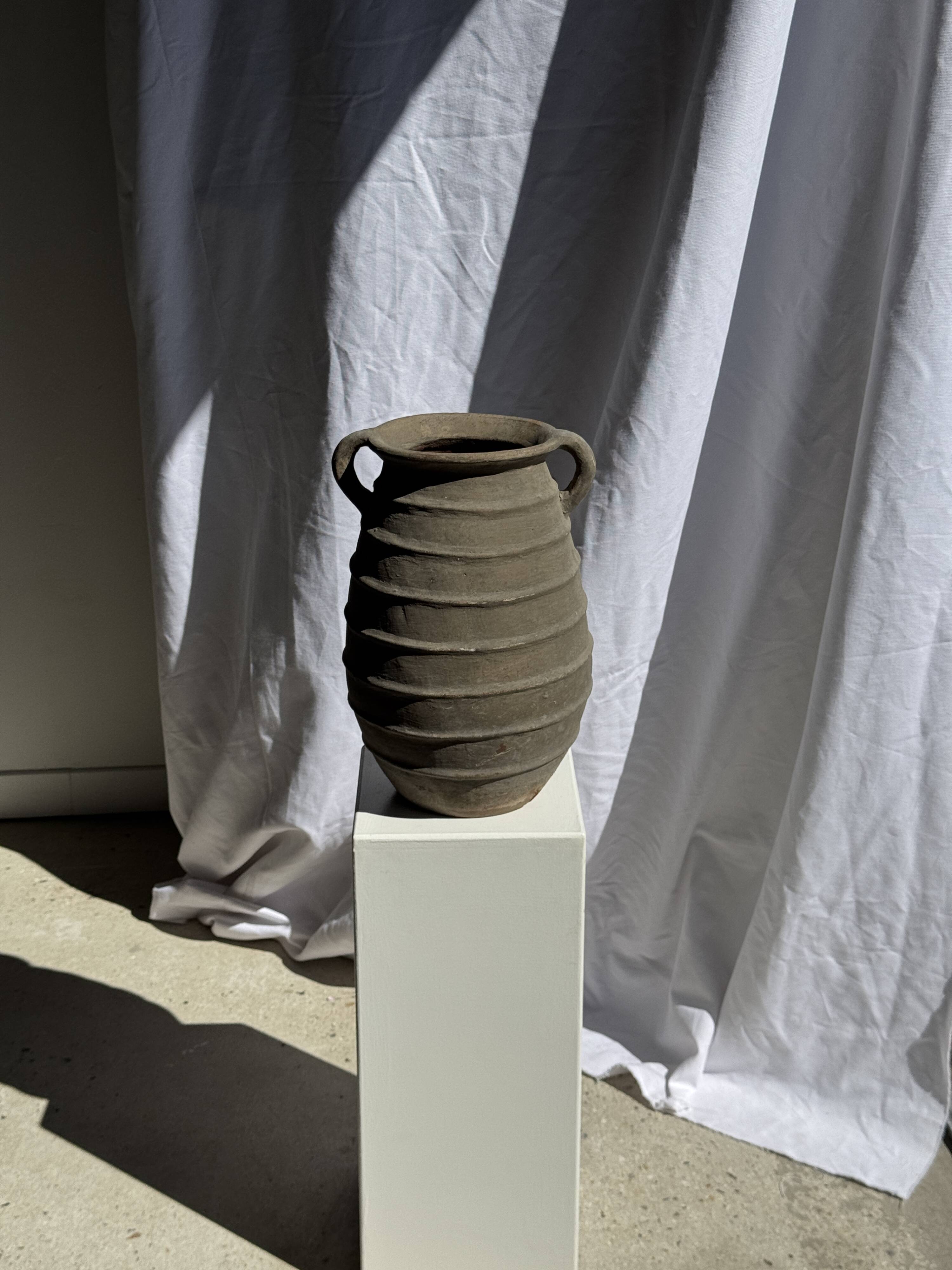 Large oval vase with double handles, featuring raised grey-beige stripes, H42 D28.