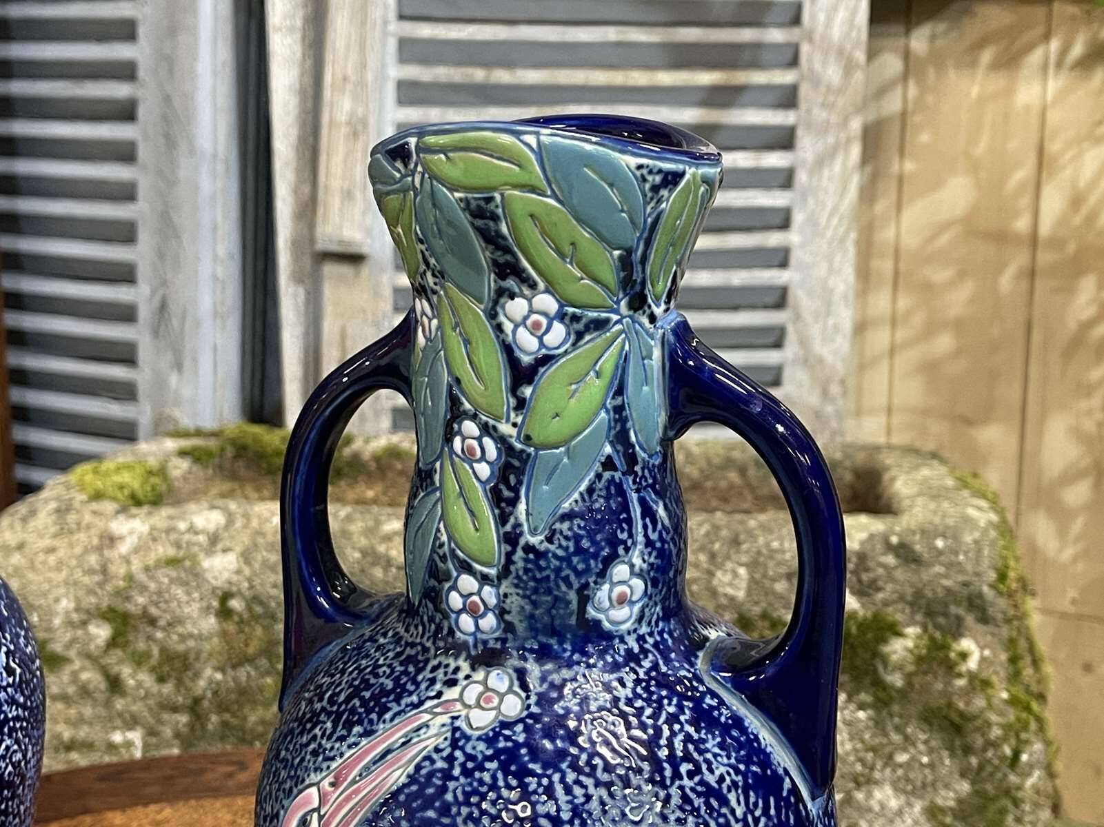 Pair of art deco enameled earthenware vases signed Amphora - Made in Czechoslovakia