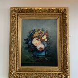 Tableau Ancien Fleur Cadre Doré XIX Huile Toile
