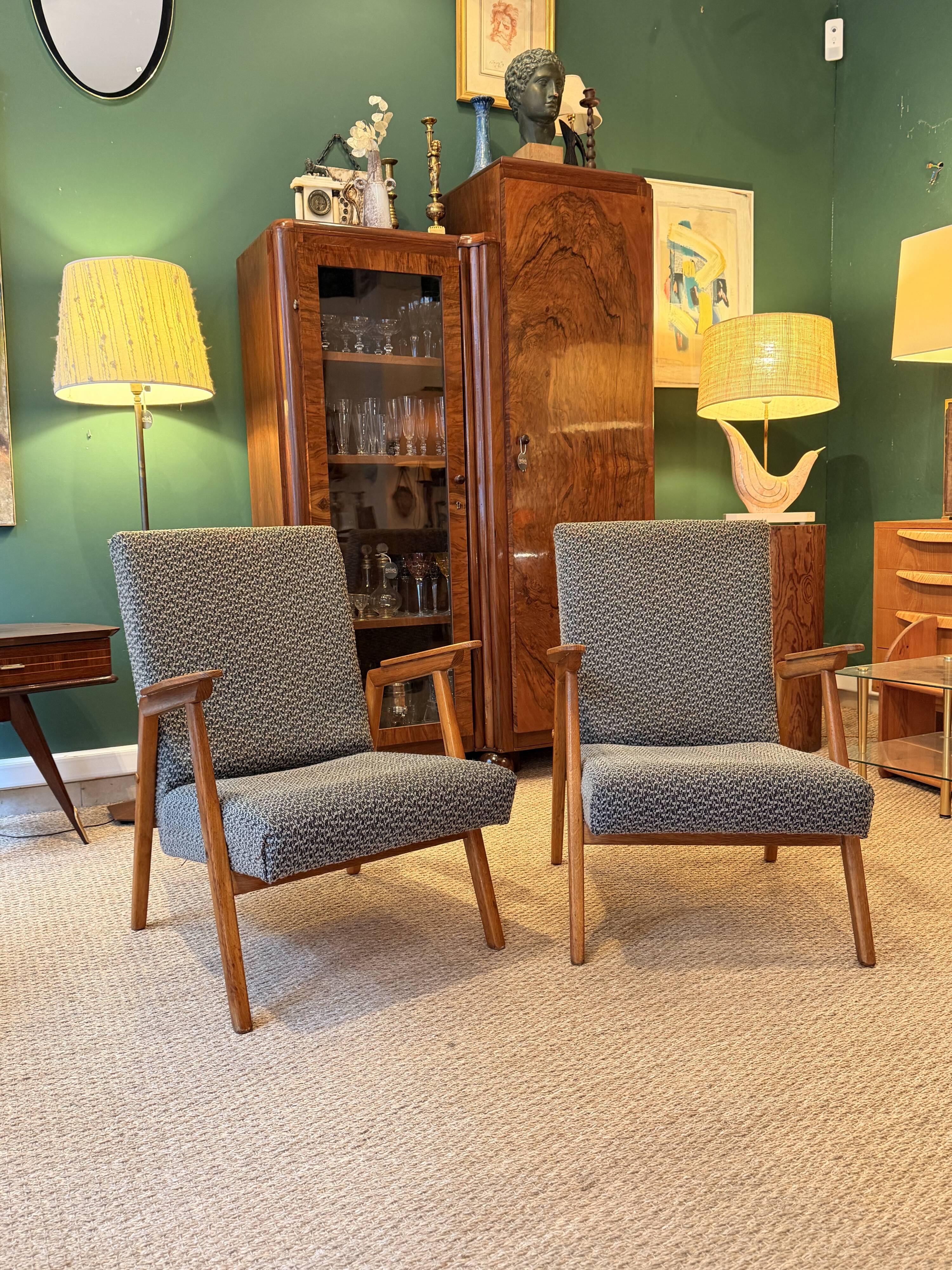 Pair of vintage oak armchairs, original fabric and seat.