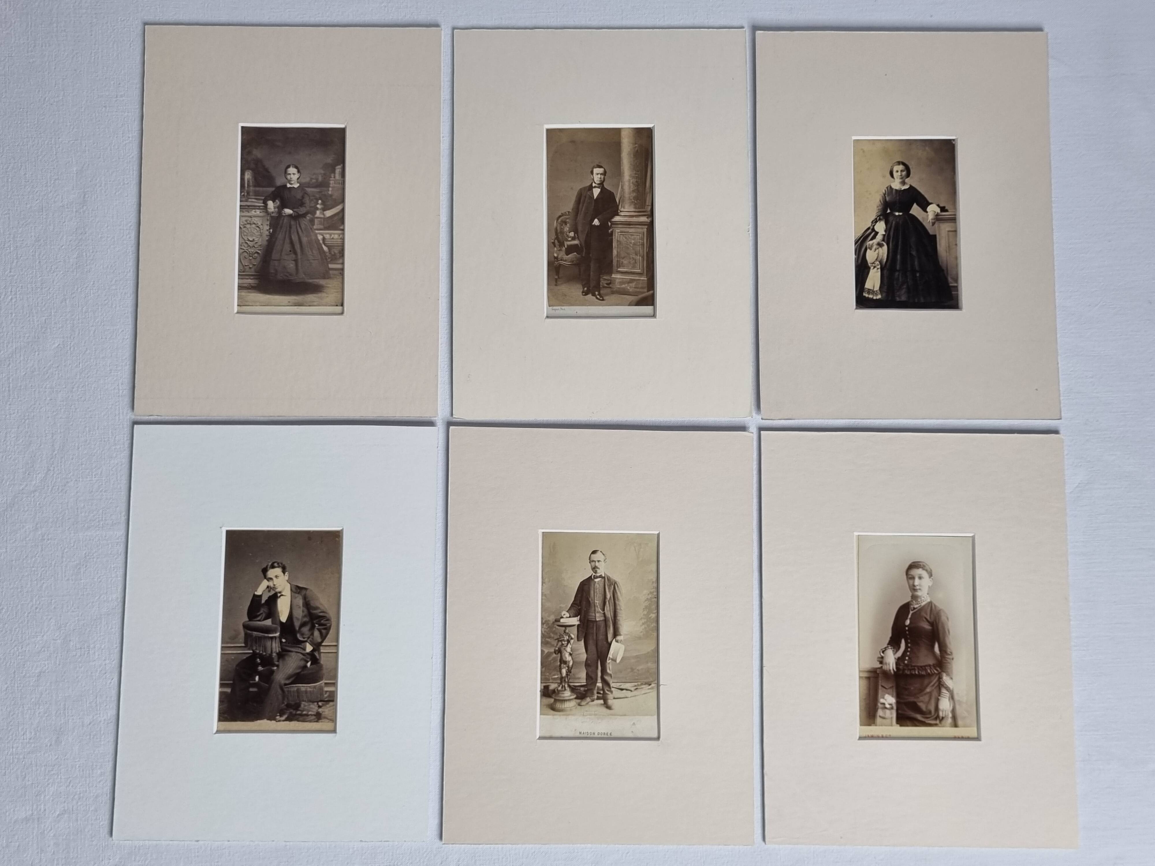 Set of 6 old photographs, 19th century studio portraits, men, women and children