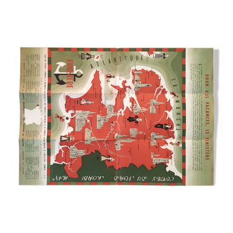 Illustrated map of the 1950s Finistère, Brittany