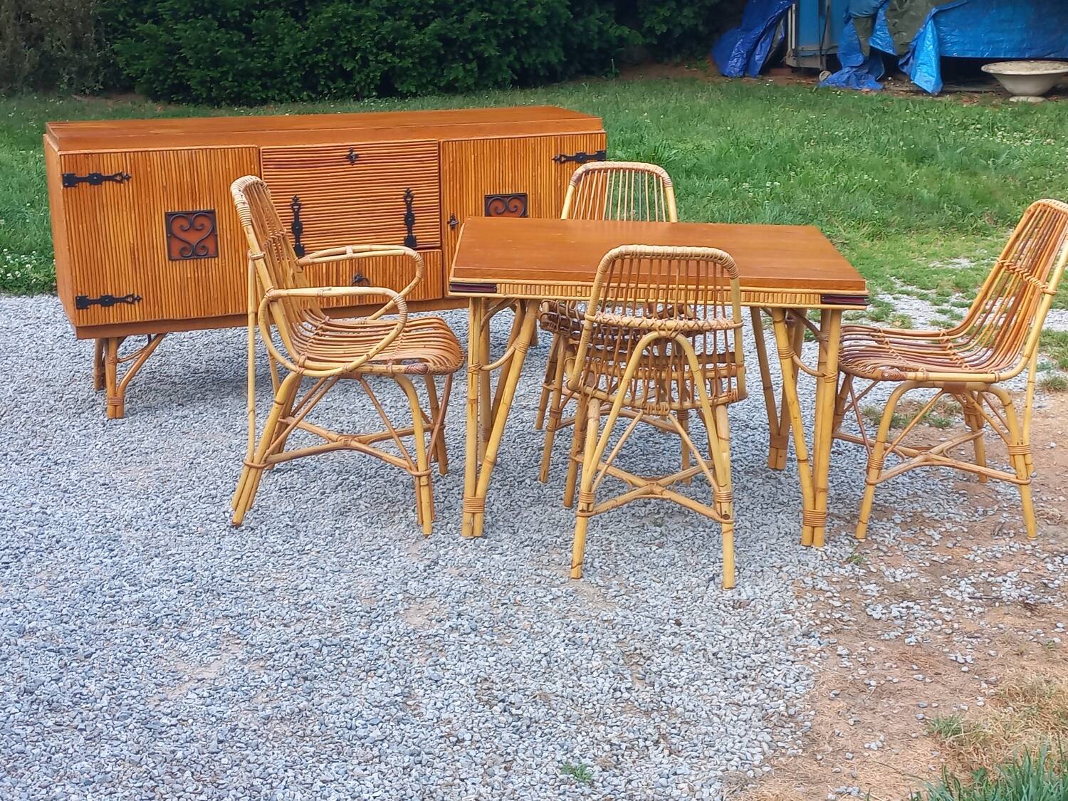 Vintage dining room attributed to Audoux and Minet in bamboo and rattan