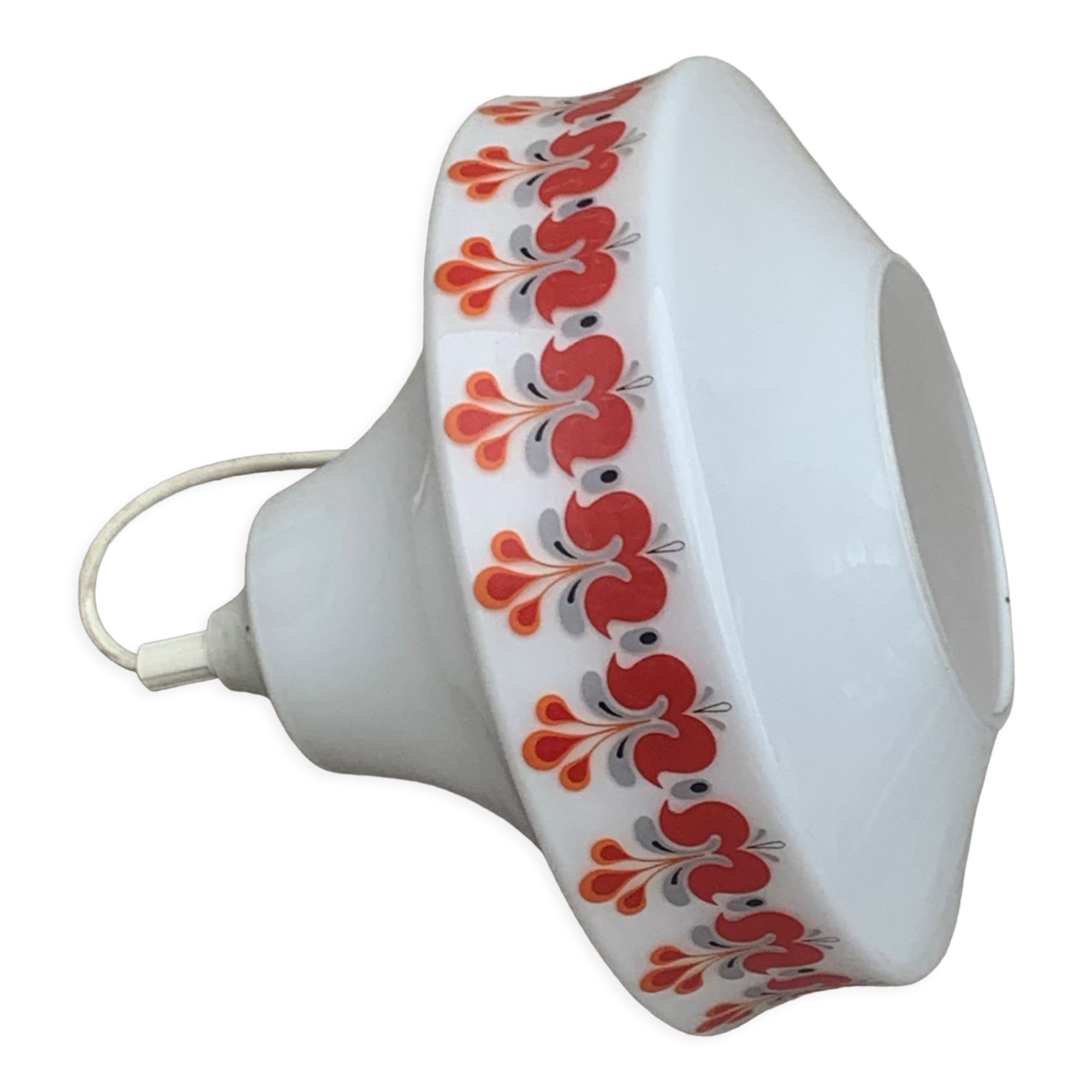 Pendant lamp, white opaline globe with a vintage red design floral pattern 1970