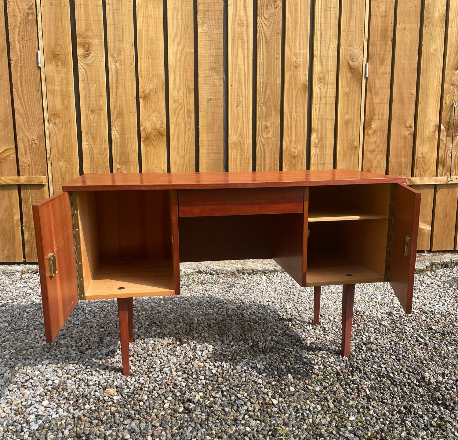 Vintage wooden desk teak veneer sixties conical legs 1 drawer