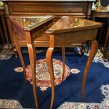 Pair of side tables, corner tables, solid blond walnut, Loui