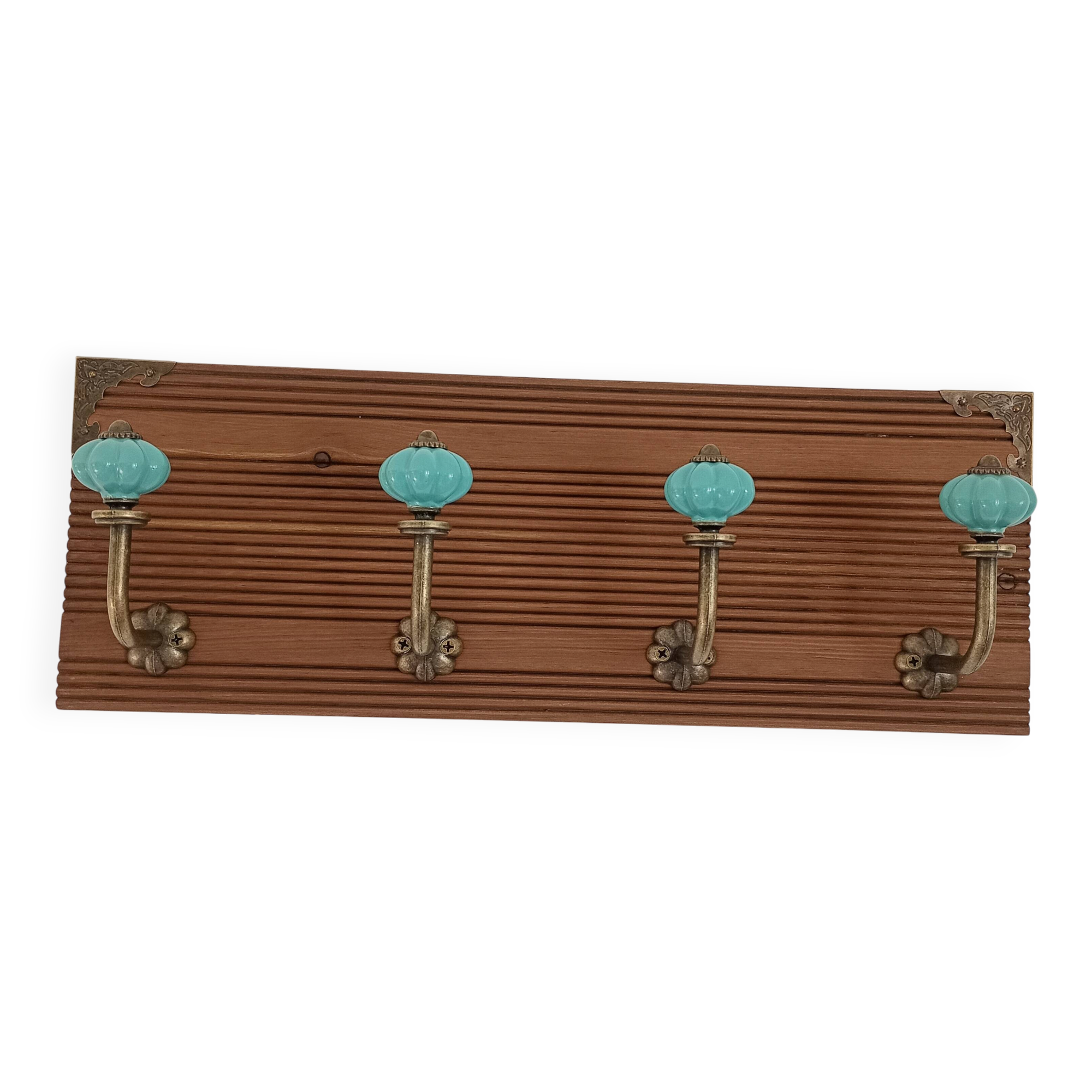 Retro vintage wall coat rack - 4 azure blue ceramic hooks