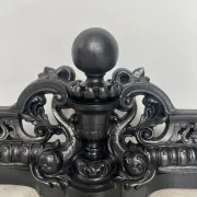 19th-century cast iron fireplace set, bar, andirons & plaque with griffins