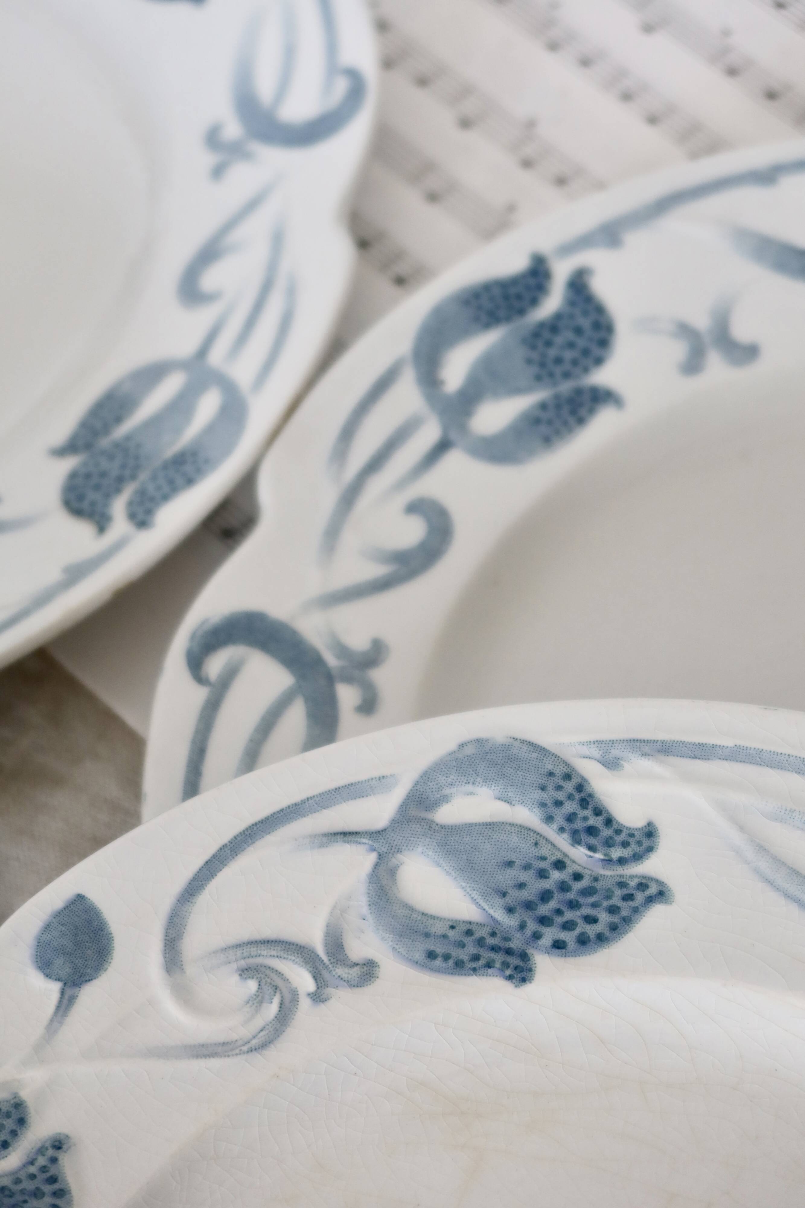 6 flat plates - Antique tableware set 82 pieces Sarreguemines earthenware Art Nouveau style