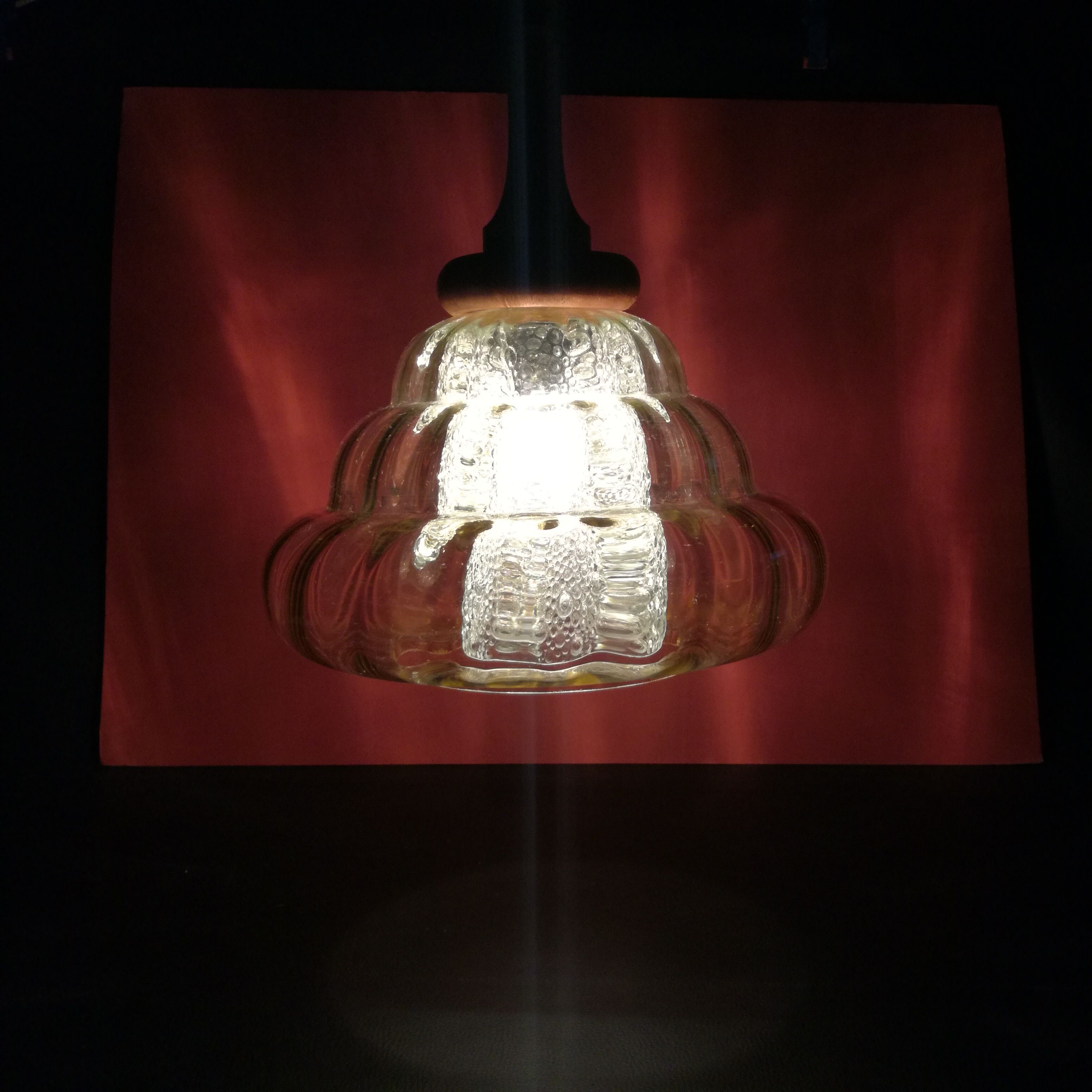 Scandinavian-style pendant lamp in glass and wood, 1970