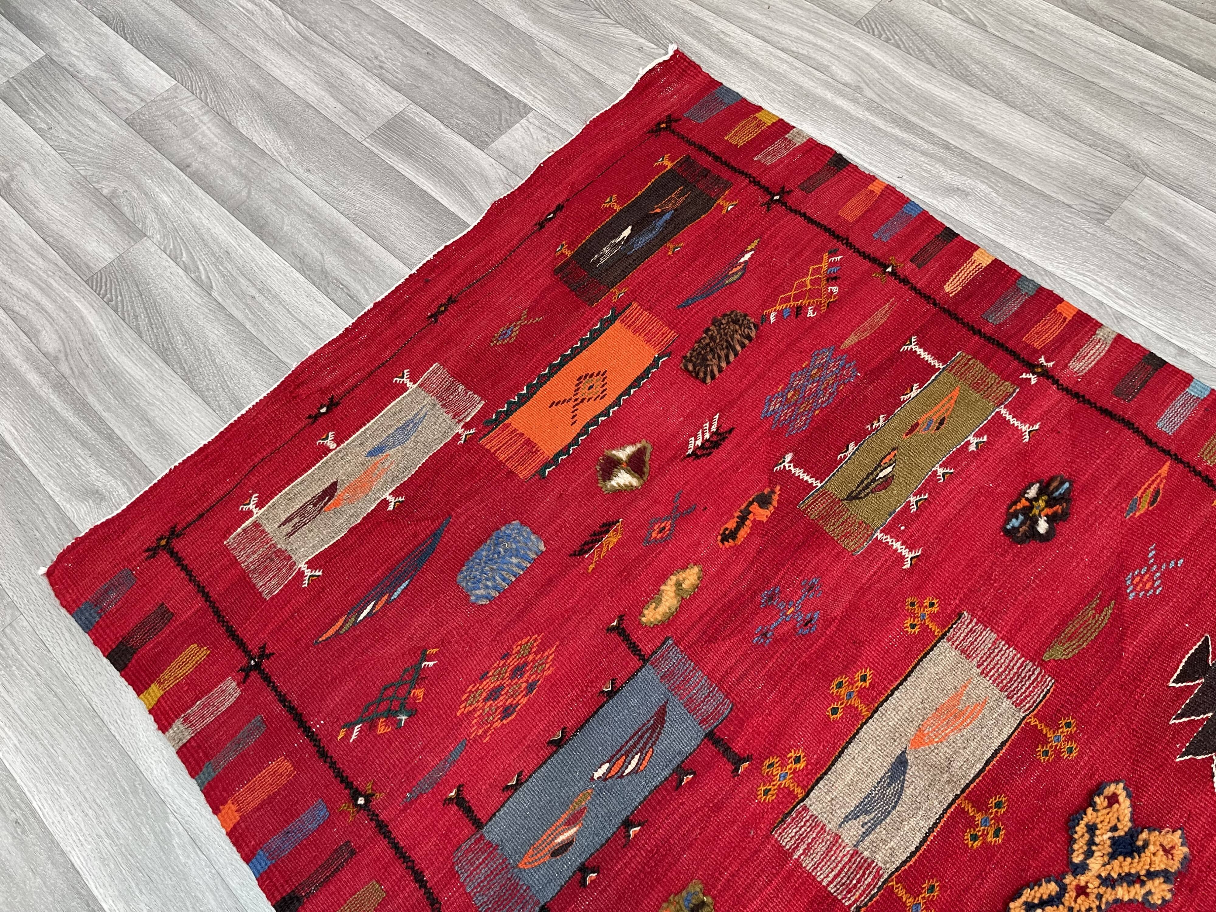 Unique and medium berber kilim, red rug, moroccan kilim, decoration rug