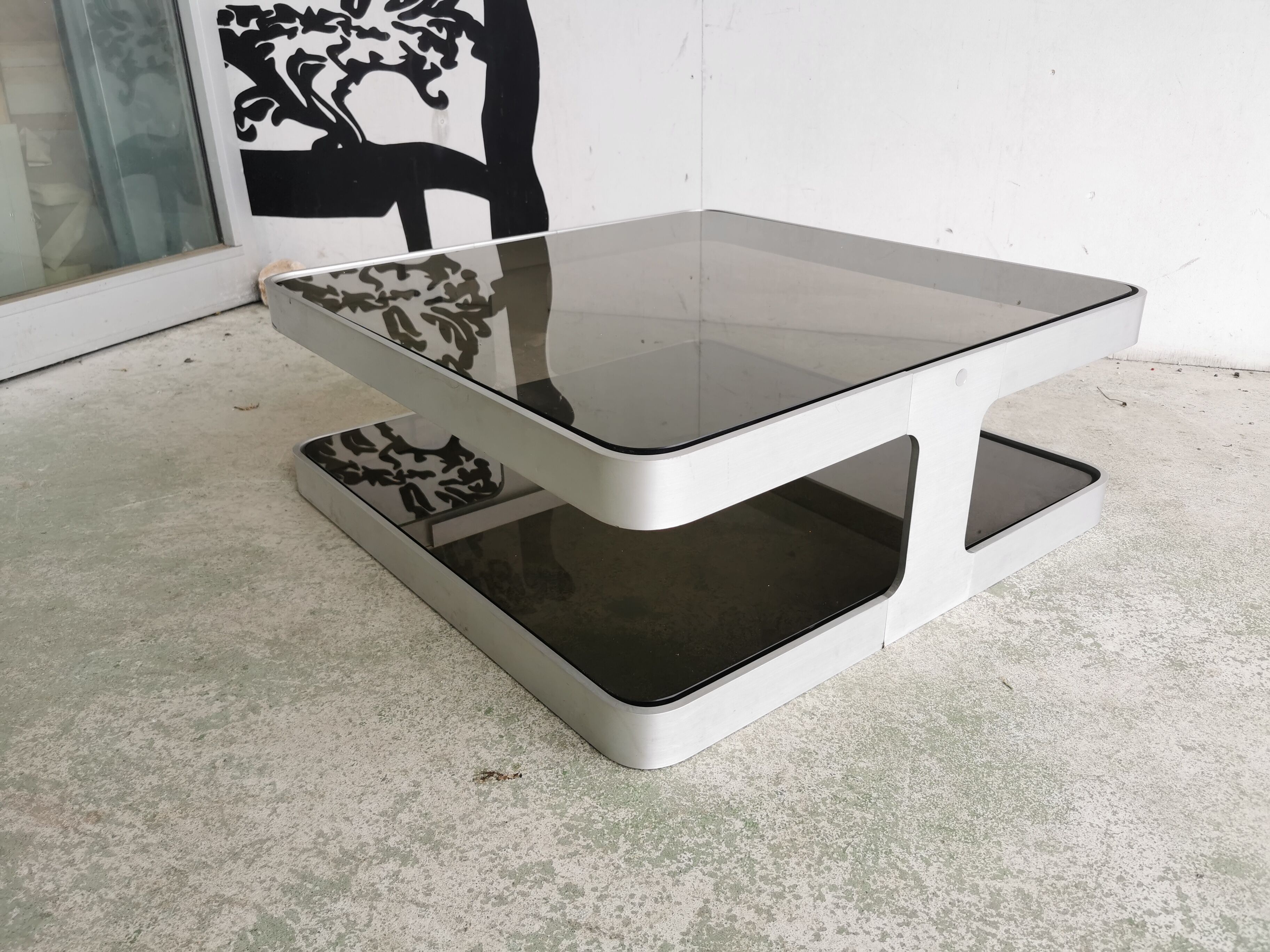 Vintage coffee table design 1970's brushed aluminum