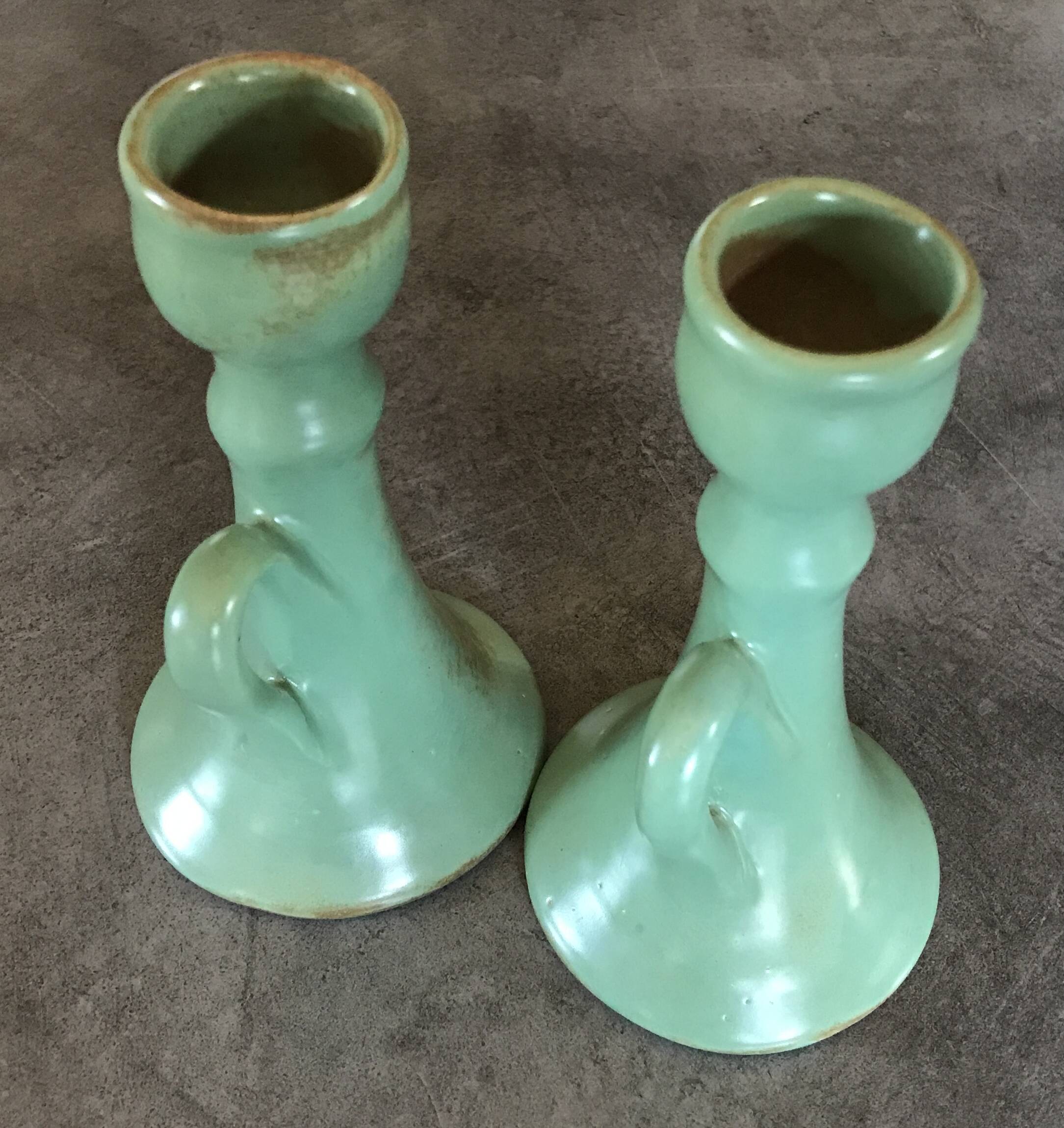 Pair of vintage table candle holders in green enameled ceramic