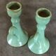 Pair of vintage table candle holders in green enameled ceramic