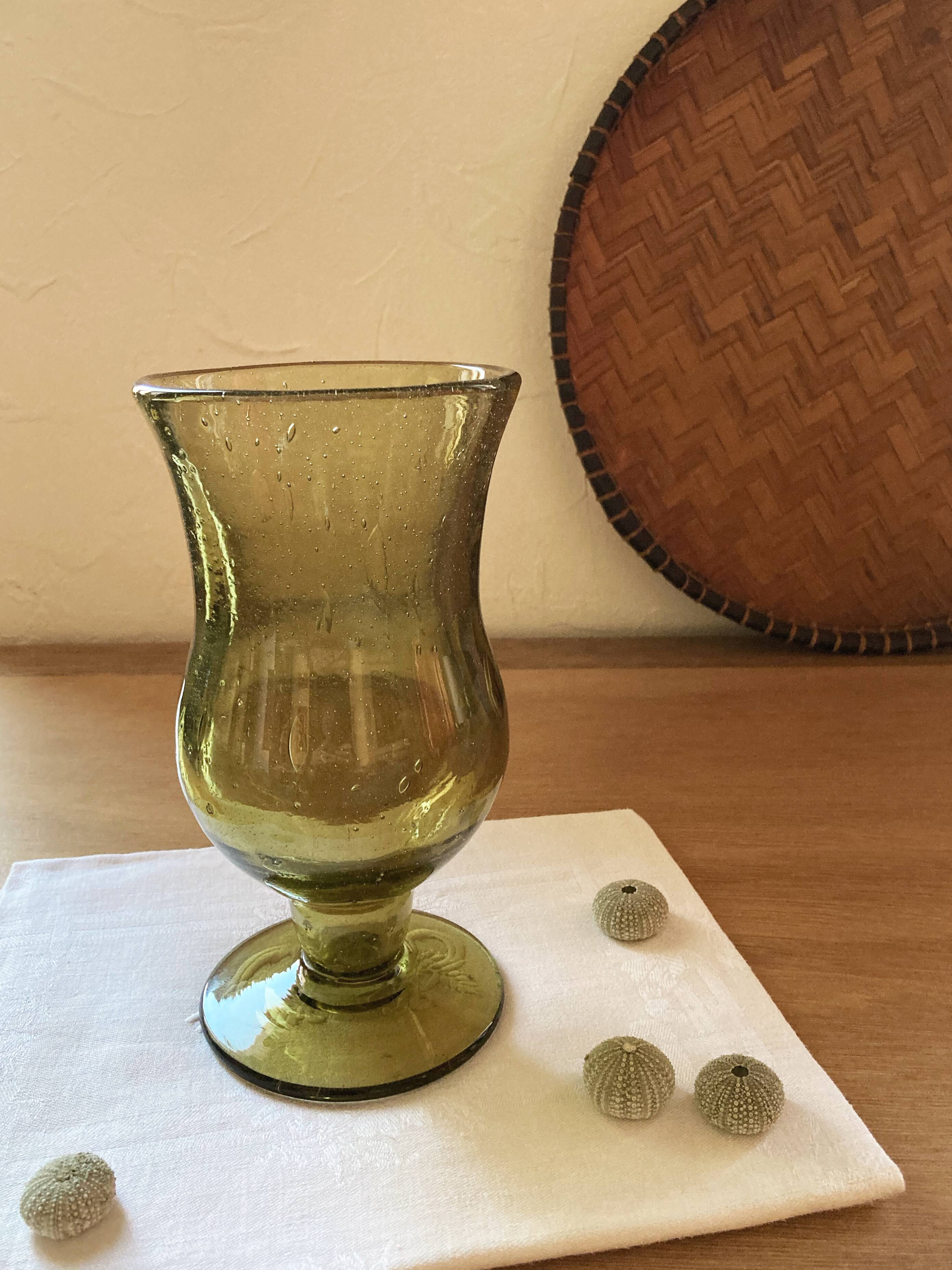 Bubbled glass vase, Biot style, moss green