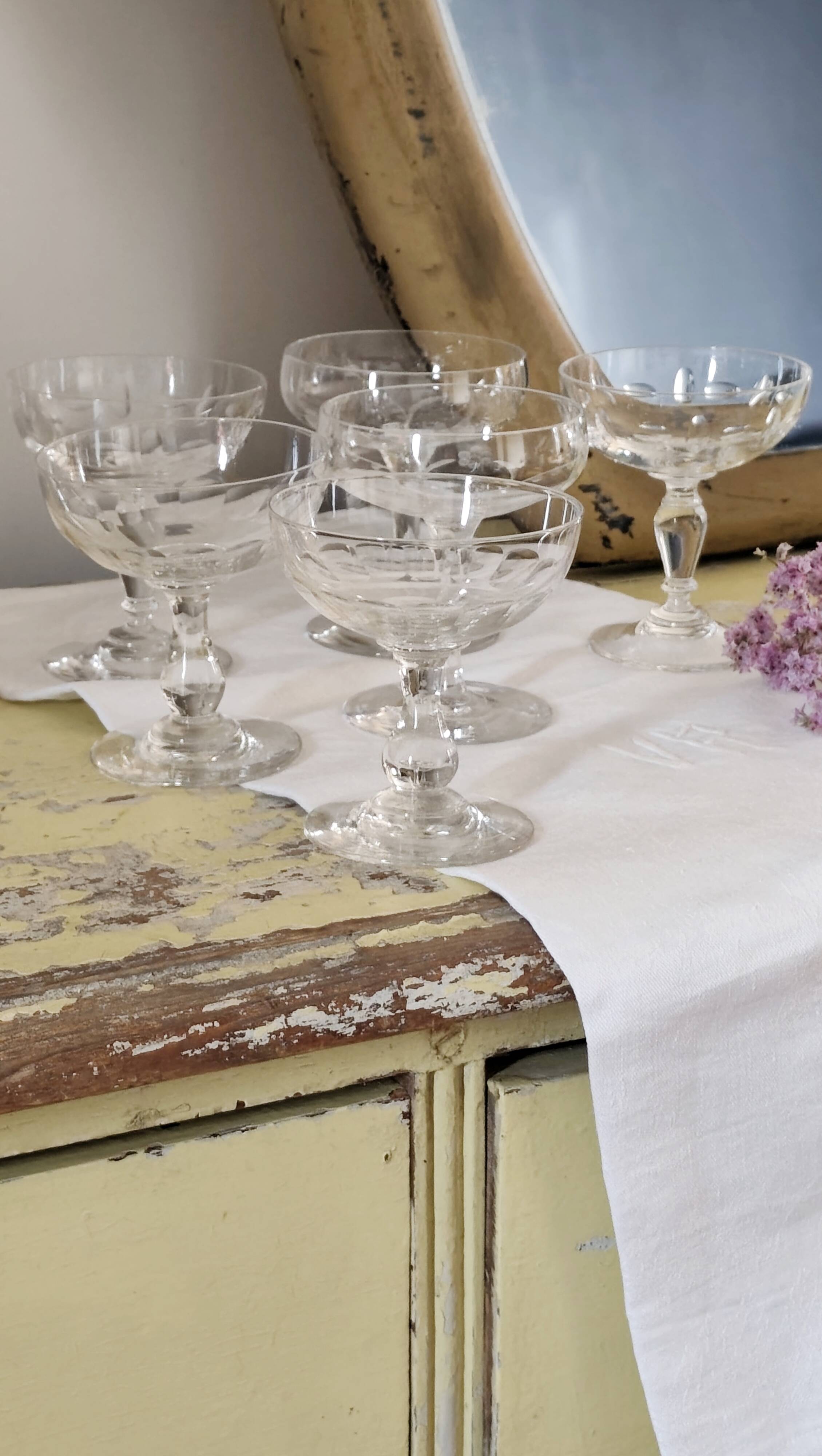 Set of 6 mismatched old crystal champagne glasses