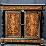 Two-door commode in Louis XVI style with marquetry and marble top.