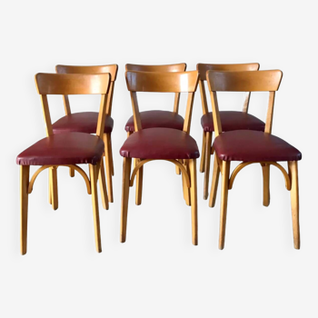 Ensemble de 6 chaises de bistrot Luterma en bois blond et skaï années 50