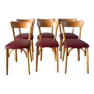 Set of 6 Luterma bistro chairs in blond wood and skaï 50s