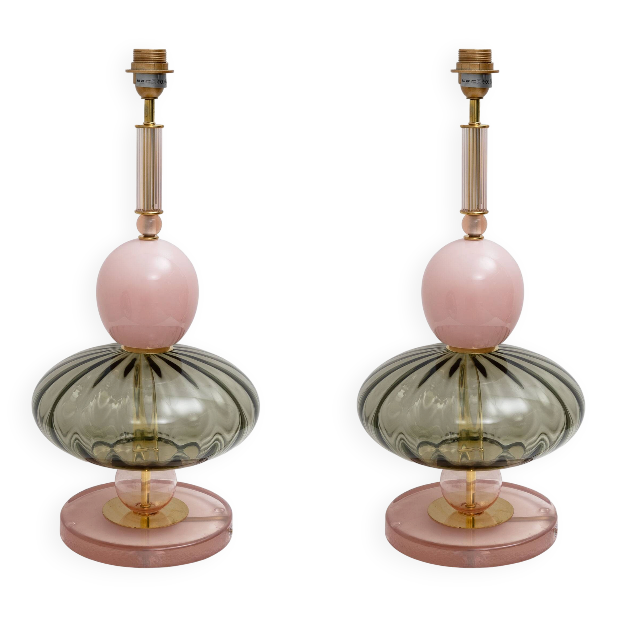 Pair of Geometric Murano Glass Table Lamps in Pink and Green,Sottsass Style