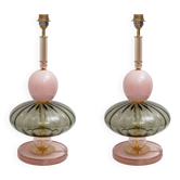 Pair of Geometric Murano Glass Table Lamps in Pink and Green,Sottsass Style