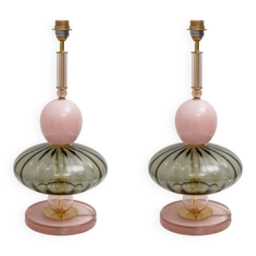 Pair of Geometric Murano Glass Table Lamps in Pink and Green,Sottsass Style