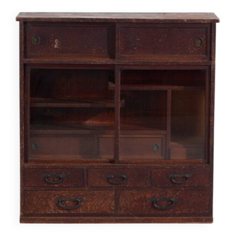 Vitrine japonaise ancienne à portes coulissantes en verre – Période Taishō–Showa (circa 1920–1950)