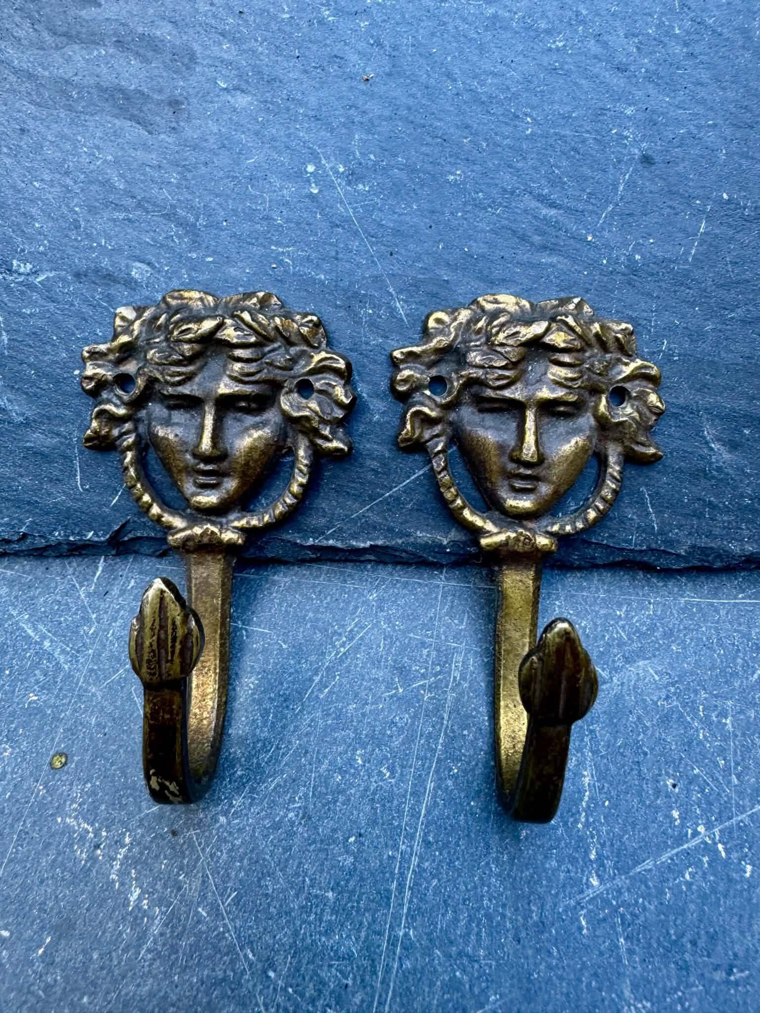 2 brass coat hooks caryatids Art Nouveau
