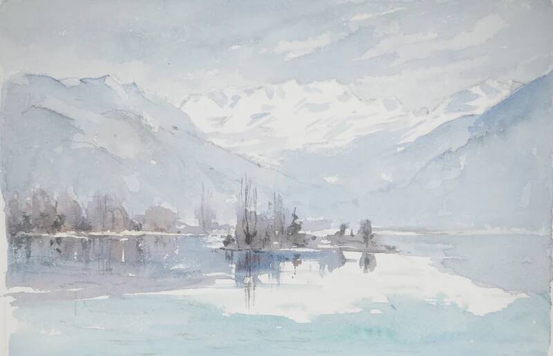 René leverd: switzerland, view of thun from la blümlisalp, original signed watercolor