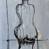Tableau signé huile sur toile portrait féminin « étude de dos à l’encre de Chine »