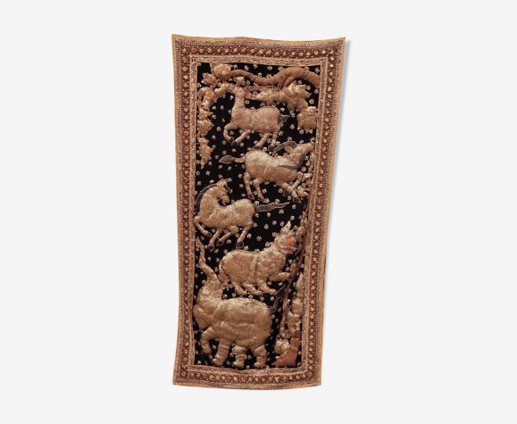 Tenture vintage inde animaux sacres en fine broderie sequin en relief
